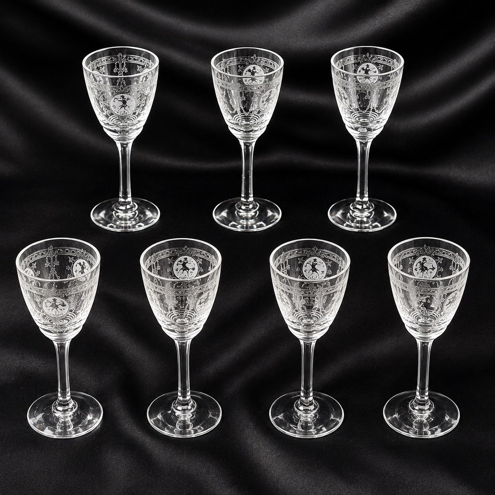 Heisey Pied Piper Etched Crystal Cordial Liqueur Glasses Set of 7 Clear 3 7/8"